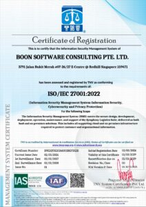 ISO/IEC 27001:2022 Certificate – Boon Software Consulting Pte Ltd issued by TNV and accredited by IAS