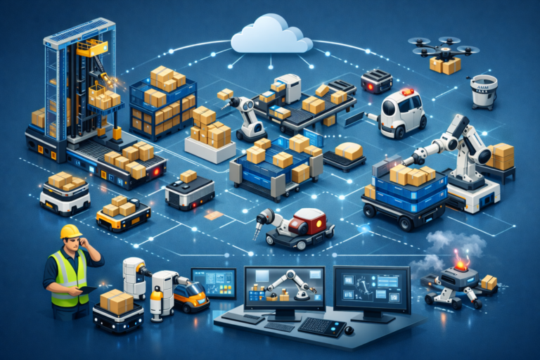 ASRS, AMRs, and goods-to-person systems from different vendors malfunctioning in a futuristic warehouse under cool blue lighting — visualizing why multi-vendor warehouse automation breaks down when systems fail to coordinate.